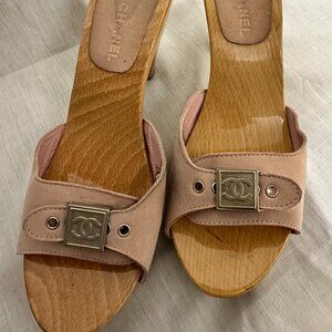 Chanel Pink Suede Mule Clog Wooden Heels Slides